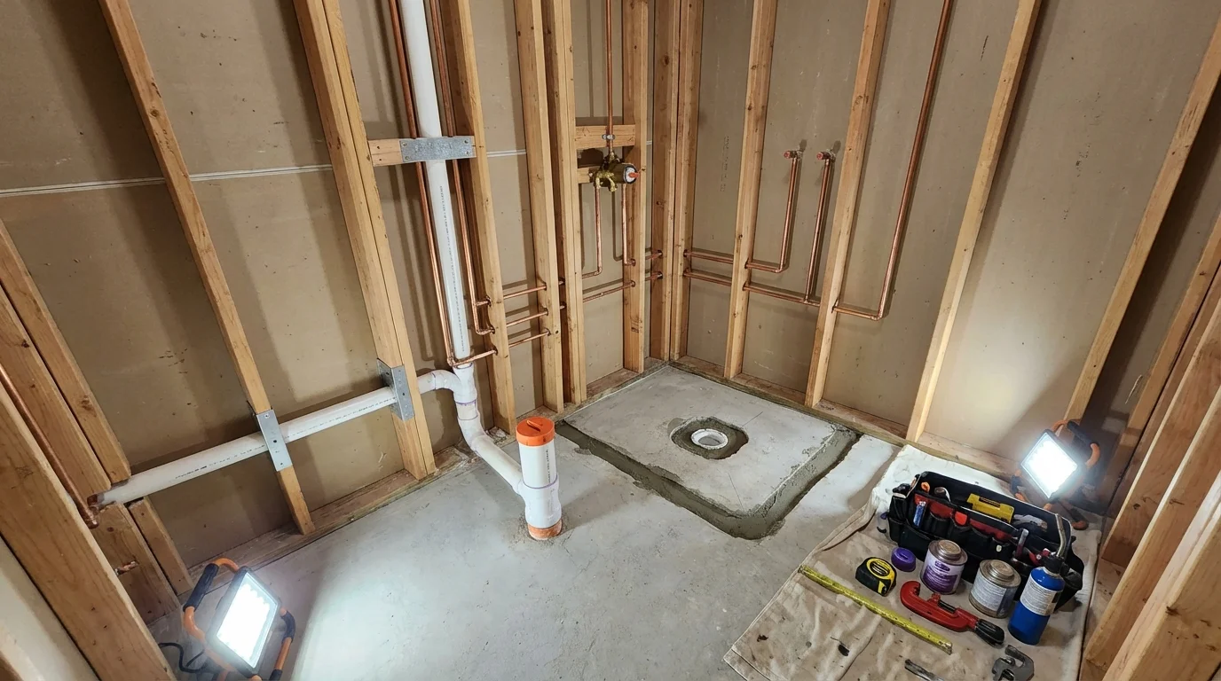 Bathroom rough-in plumbing during remodel by Johns Plumbing LLC in Howe