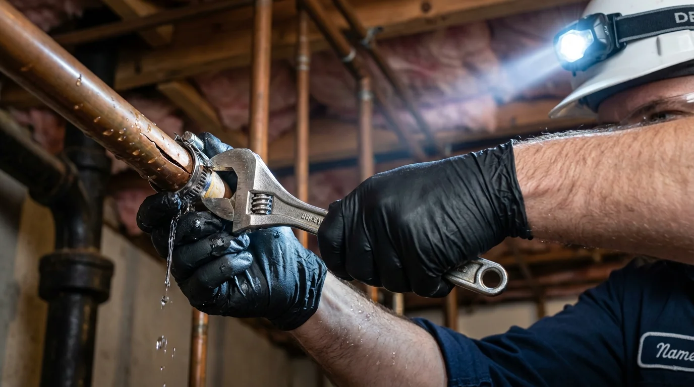 Emergency pipe clamp repair being performed by a Johns Plumbing LLC plumber in Howe