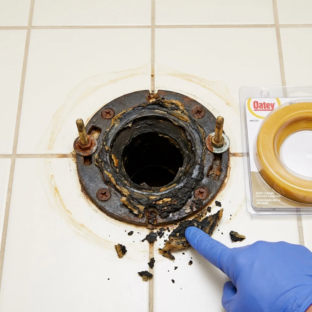 Failed wax ring showing water seepage at the base of a toilet in a Howe, TX home