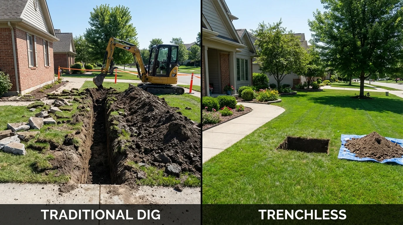 Trenchless sewer repair with minimal yard damage versus traditional excavation in Howe, TX